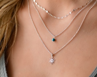 Layered Silver Multi Chain Necklace Set, Silver Multi Layer Necklace, Layered Silver Sun Necklace Set, Sterling Silver Necklaces for Women