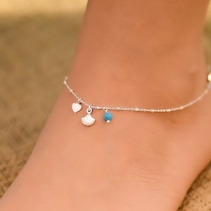 Dainty Silver Shell Anklet, Anklets for Women, Ankle Bracelets for Women Sterling Silver, Turquoise Anklet