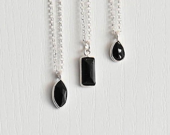 Dainty Black Silver Onyx Pendant Necklace, Onyx Silver Necklace, Sterling Silver Necklaces for Women, Small Black Onyx Stone Necklace