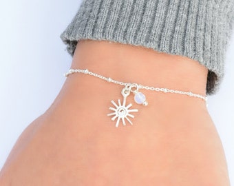 Silver Sun Charm and Moon Bracelet, Sterling Silver Bracelet for Women, Sun Charm Bracelet, Moonstone Bracelet, Dainty Chain Bracelet