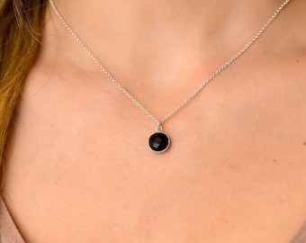 Black Onyx Sterling Silver Necklace, Silver Necklaces for Women, Minimal Necklace, Dainty Black Stone Pendant, Onyx Jewelry Women