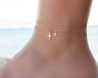 Cross Anklet, Dainty Gold Anklet, Gold Anklets for Women, Gold Ankle Bracelet, Double Layered Anklet, Ankle Chain, Ankle Bracelet Set