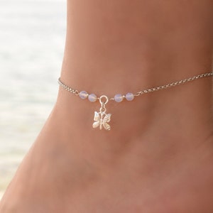 Fjärilsfotlänk, Fotlänkar i sterlingsilver för kvinnor, Elegant fotlänk i månsten, Boho fotlänk med pärlor, Silverfotledsarmband för kvinnor bild 1
