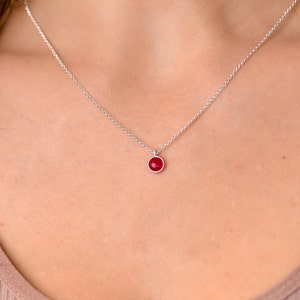 Dainty Small Round Ruby Silver Necklace, Ruby Necklace Women, Silver Necklaces for Women, Minimal Ruby Necklace