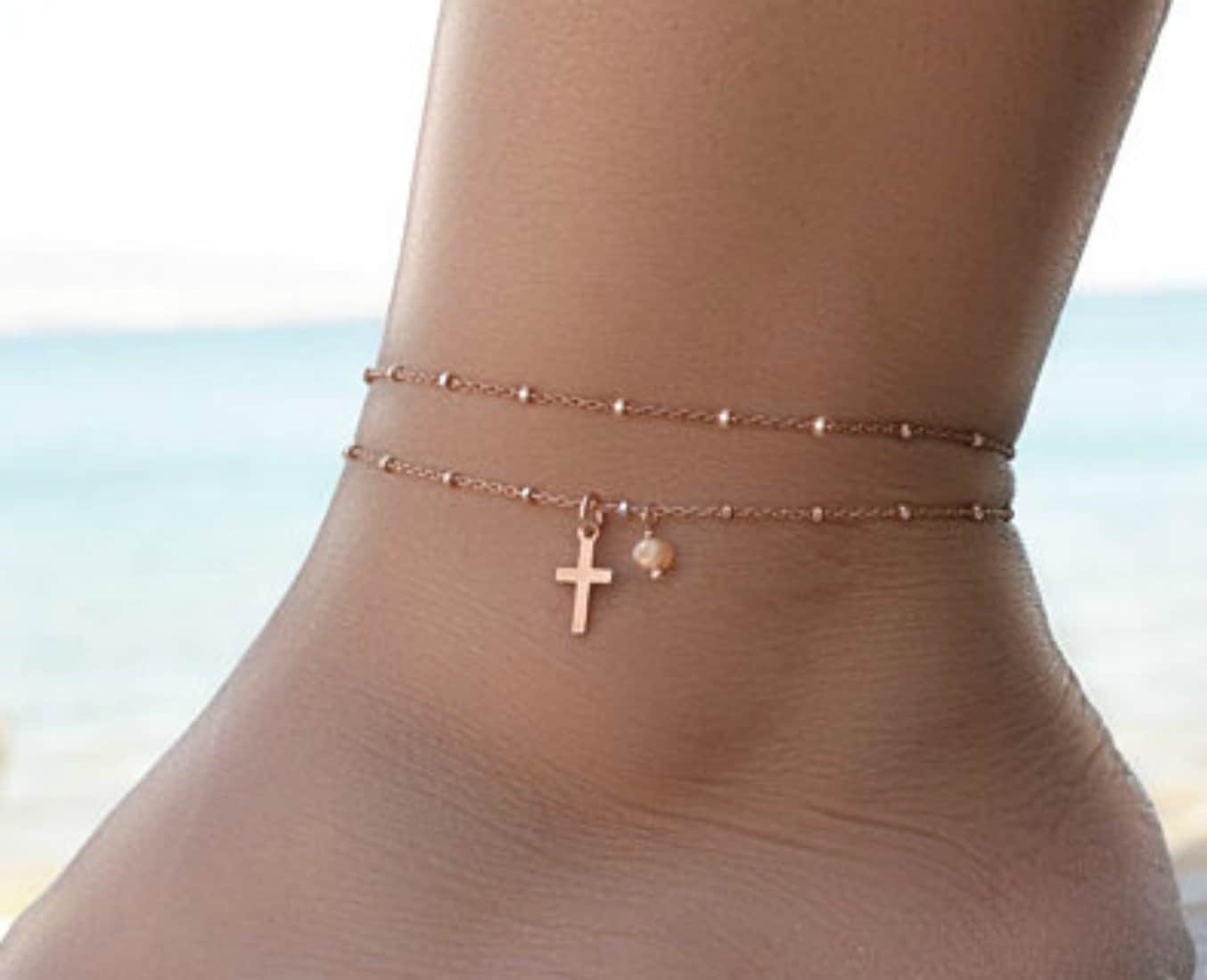 ローズゴールド クロス アンクレット、レディース アンクレット
