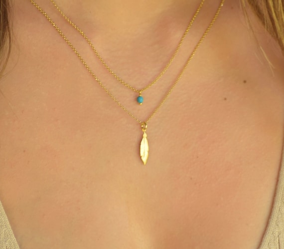 Layered Necklace Set, Gold Feather Necklace, Boho Necklaces for Women, Layered Stone Necklace, Boho Necklace Set, Double Necklace for Women