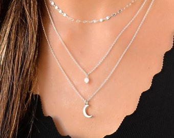 Layered Multi Chain Necklace Set, Multi Strand Necklace, Layered Silver Boho Necklace Set, Silver Necklaces for Women, Moon Necklace