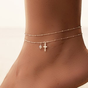 Cross Anklet Silver, Anklet, Silver Anklets for Women, Layered anklet Set, Sterling Silver Ankle Bracelet, Cross Jewelry