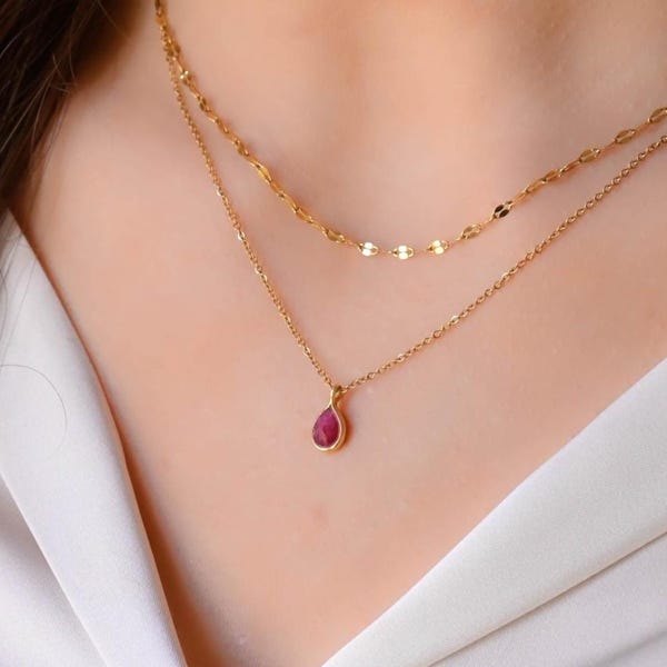 Gold Layered Necklace Set: Ruby Teardrop Pendant, Dainty Duo Chain