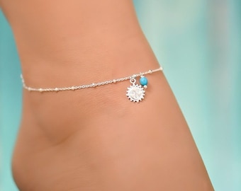 Sonnen Fußkettchen, Fußkettchen für Frauen, Fußkettchen für Frauen Sterling Silber, Boho Fußkettchen Silber, Türkis Fußkettchen
