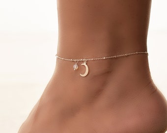 Moon Anklet,  Anklet, Silver Anklets for Women, Moonstone Anklet, Moon Ankle Bracelet, Sterling Silver Ankle Bracelet for Women, Boho Anklet