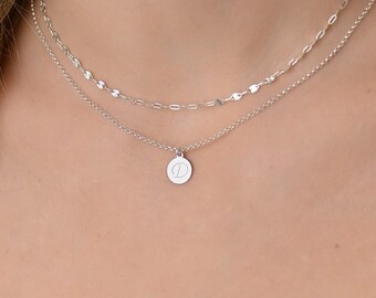 Double Layered Initial Necklace Set Silver, Layered Necklace, Silver Necklaces for Women, Initial Jewelry Set