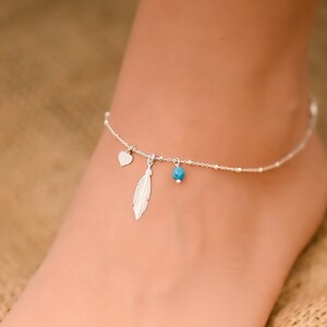 Turquoise Anklet, Anklets for Women, Feather Anklet, Ankle Bracelets for Women, Sterling Silver Anklet, Beach Anklet, Boho Anklets for Women