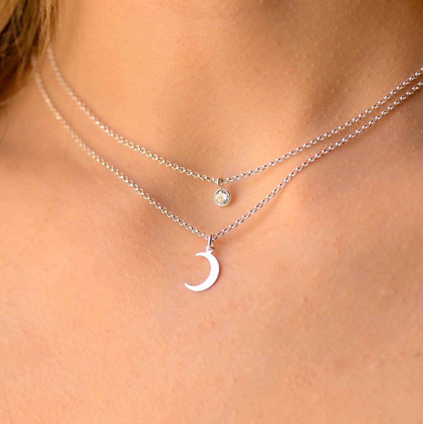 10K Yellow Gold Moon And Star Layered Pendant Necklace, 17