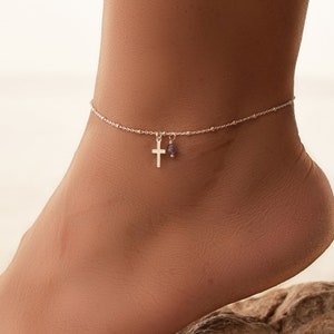Zierliche Silber Kreuz Fußkettchen, Silber Fußkettchen für Frauen, Fußkettchen für Frauen, Silber Charm Fußkettchen, Silber Kreuz Fußkettchen Armband