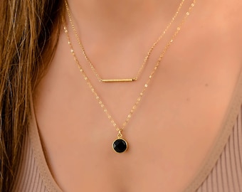 Goudkleurige gelaagde kettingset, gelaagde ketting, zwarte onyx ketting, gouden kettingen voor vrouwen, zwarte en gouden ketting, zwarte stenen ketting