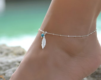 Tobillera de plumas turquesas, tobillera, tobilleras de plata para mujer, pulsera de tobillo bohemia, pulsera de tobillo de plata esterlina para mujer, tobillera bohemia