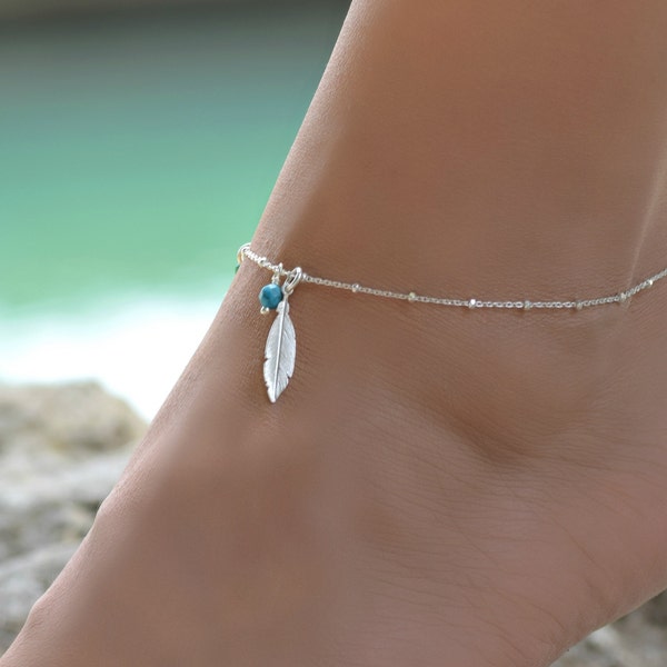 Bracelet de cheville turquoise plume, bracelet de cheville en argent pour femme, bracelet de cheville boho, bracelet de cheville en argent sterling pour femme, bracelet de cheville boho