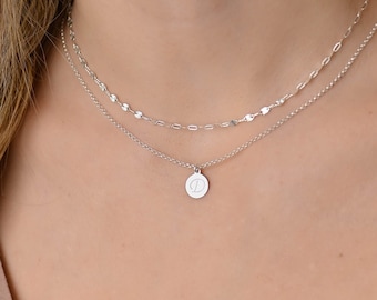 Layered Initial Necklace Set, Layered Necklace, Double Layer Initial Disc Pendant Necklace, 925 Silver Necklaces for Women