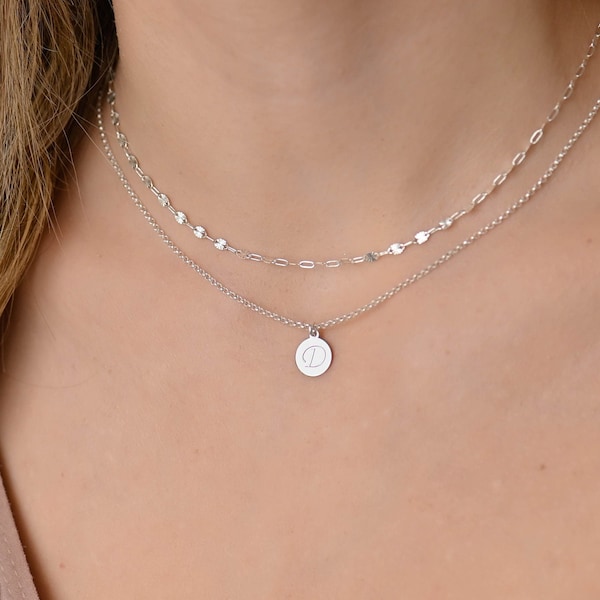 Layered Initial Necklace Set, Layered Necklace, Double Layer Initial Disc Pendant Necklace, 925 Silver Necklaces for Women