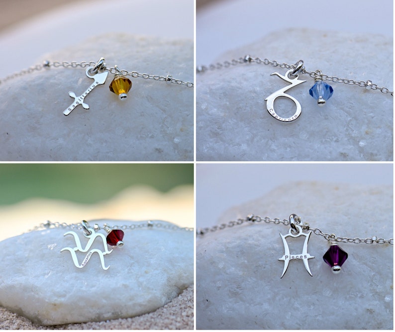 Puede incluir: Cuatro collares de plata con dijes del zod&iacute;aco y cuentas de cristal. Los dijes son Sagitario, Capricornio, Acuario y Piscis.
