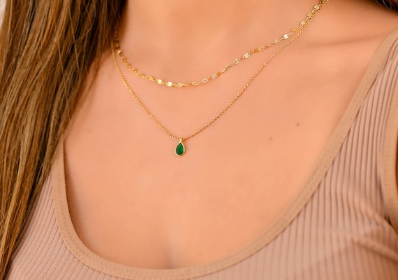 Emerald Green Teardrop Necklace, Layered Gold Necklace Set