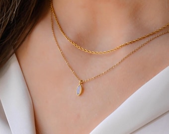 Layered 2 Necklace Set, Two Gold Layering Necklaces for Women, Dainty Gold Necklace Stack, Gold Opal Pendant Necklace