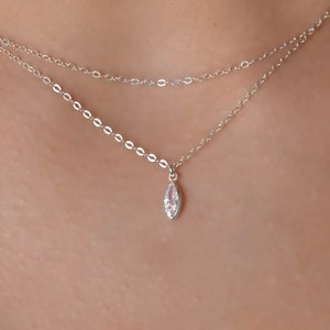 Dainty Double Layer Silver Necklace, Layered Silver Necklace Set, Tiny Marquise CZ Necklace, Silver Necklaces for Women