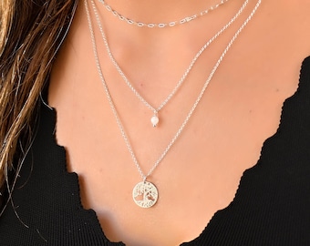 Multi gelaagde levensboom ketting set, zilveren multi strand ketting, gelaagde zilveren Boho ketting set, sterling zilveren kettingen voor vrouwen
