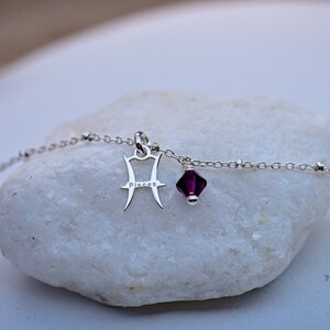 Puede incluir: Un brazalete de cadena de plata con un dije de Piscis y una cuenta de cristal morado. El dije est&aacute; grabado con la palabra "Pisces".