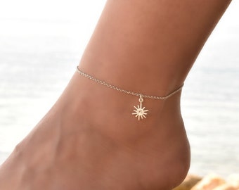 Sonnen Fußkettchen, Sterling Silber Fußkettchen, Fußkettchen für Frauen, Boho Fußkettchen, Sterling Silber Fußkettchen, Fußkettchen mit Charm