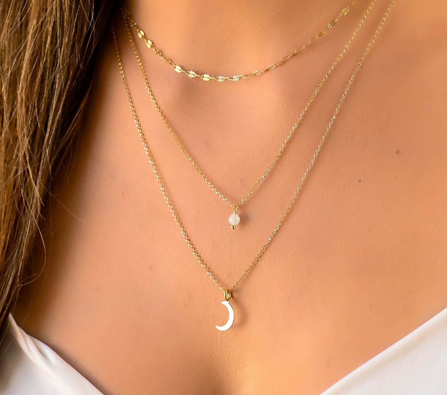 14K Gold Plated 3-Layer Necklace Set For Women - Adjustable Moon & Star Snake/Rope/Curb Chains