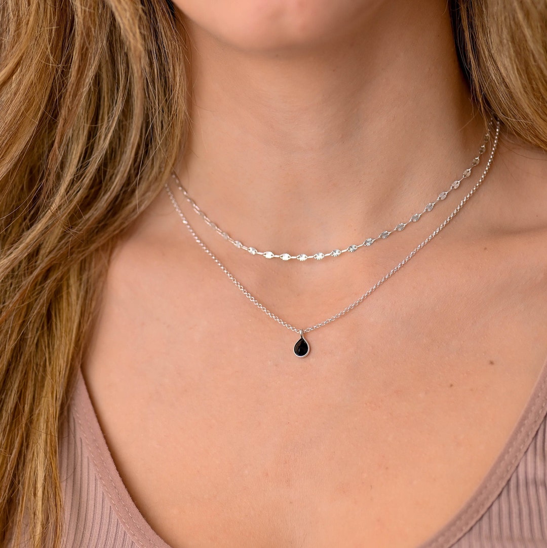 ★DNSR★ D layered necklace Black Onyx Protection Pendant Layered Necklace with 14k Gold