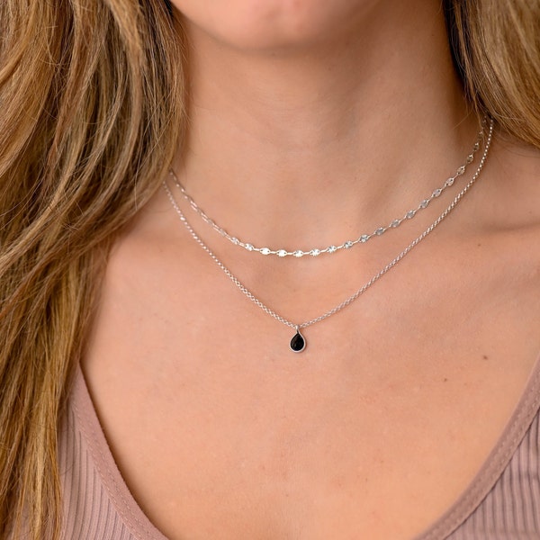 Collier superposé à pendentif goutte d'onyx noir, collier double épaisseur délicat, colliers pour femme, ensemble de colliers superposés en argent