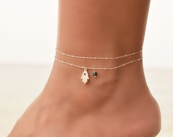 Tobillera Hamsa de plata, tobilleras para mujer, tobillera, tobillera de mano Hamsa, tobillera delicada, pulsera de tobillo de plata esterlina, pulsera de tobillo Hamsa