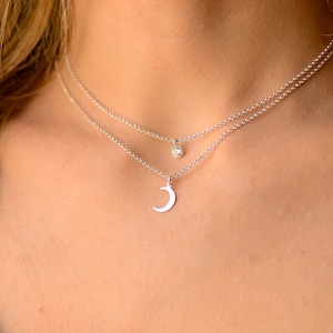 Doppelschicht Kette Silber Mond Halskette, Mond Halskette für Frauen, Layered Mond Halskette Set, Minimalist Layered Halskette, Mond Schmuck Set