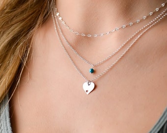 Sterling Silver Layered Necklace Set: Heart Pendant, Natural Stone