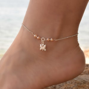Fjärilsfotlänk, Fotlänkar i sterlingsilver för kvinnor, Elegant fotlänk i månsten, Boho fotlänk med pärlor, Silverfotledsarmband för kvinnor bild 3