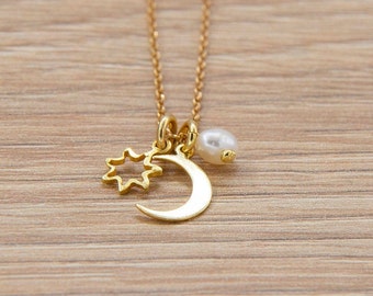 Gold Multi Charm Necklace, Gold Necklaces for Women, Gold Moon Necklace,  Crescent Moon Necklace, Moon and Star Necklace, Celestial Jewelry