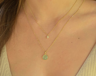 Dainty Aquamarine Necklace, Dainty Gold Layered Necklace, Double Layer Necklace,  Dainty Stone Necklace, Multi Strand Necklaces for Women