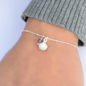 Shell Bracelet Sterling Silver,  Dainty Chain Bracelet, Dainty Gemstone Bracelet, Silver Bead bracelet, Silver Bracelet for Women