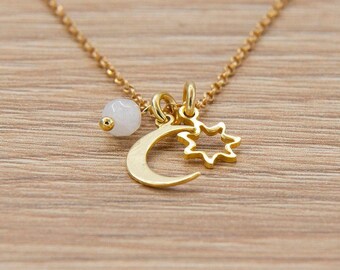 Multi Charm Necklace, Charm Necklaces for Women, Tiny Moon Star Necklace Gold, Opal Moonstone Necklace, Celestial Jewelry