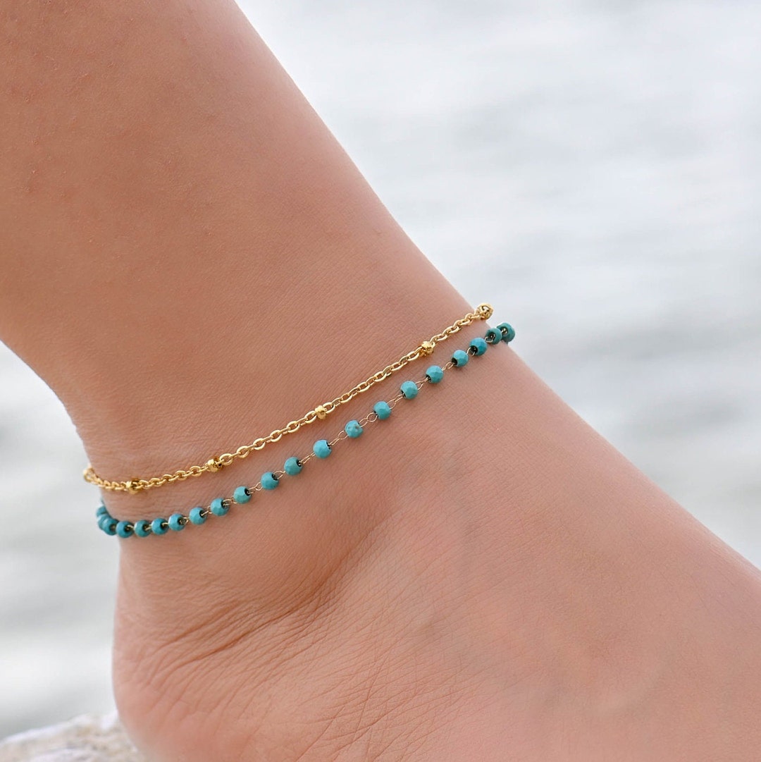 Bracelet De Cheville Doré Brillant Avec Perles Olive Et Turquoise - Modèle 683 - Occasion En Très Bon état