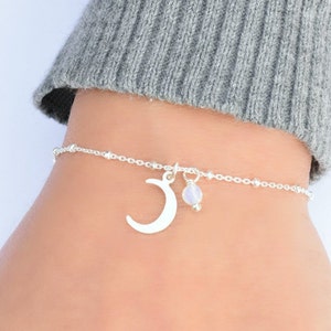 Silver Moon and Moonstone Bracelet, Sterling Silver Bracelet for Women, Moon Charm Bracelet, Moonstone Bracelet, Dainty Silver Moon Bracelet