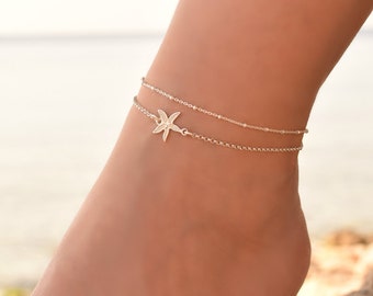 Starfish Anklet Sterling Silver, Anklets for Women, Anklet, Ankle Bracelets for Women, Beaded Beach Anklet, Anklet Set, Starfish Jewelry