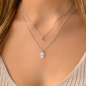 Sugar Skull Necklace, Skull Necklaces for Women, Double Necklaces for Women, Dainty Silver Necklace Set,  Custom Birthstone Necklace