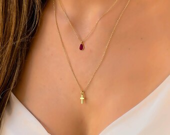 Dainty Multi Layer Necklace Set, Cross Necklace, Gold Ruby Cross Necklace, Double Layer Necklace, Multi Strand Necklace, Necklaces for Women