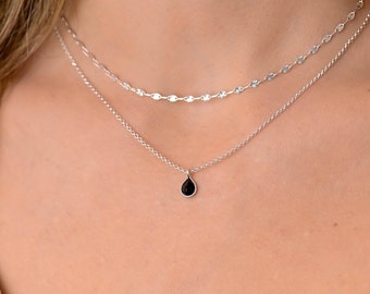 Collier en onyx argenté noir, colliers pour femmes, ensemble de colliers en couches, collier en pierre d'onyx noir délicat, colliers doubles pour femmes