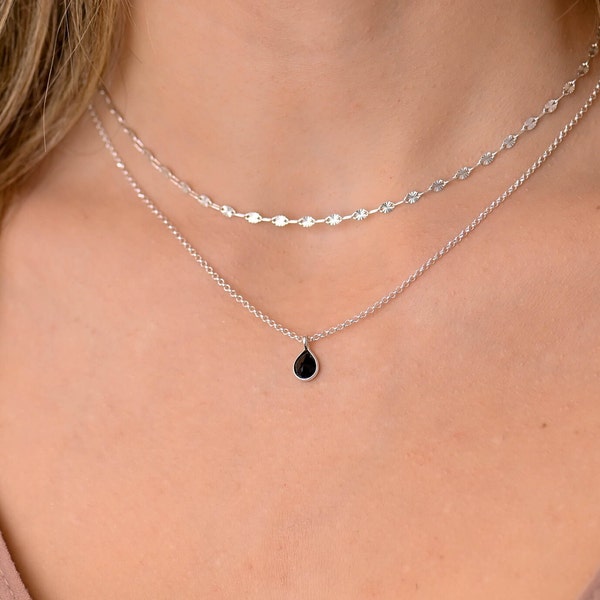 Black Silver Onyx Necklace, Necklaces for Women, Layered Necklace Set, Dainty Black Onyx Stone Necklace, Double Necklaces for Women