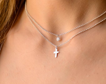 Layered Cross Necklace Set, Cross Necklace Women, Dainty Silver Cz Cross Necklace Set, Silver Cross Necklaces for Women